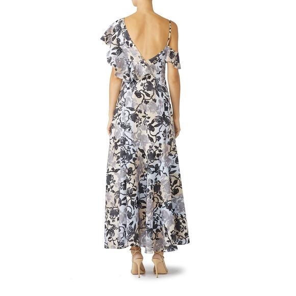 ADEAM Floral Fiesta Maxi Dress Women's 4 Blue Black Ruffle V-Neck Asymmetric RTR - Picture 2 of 15
